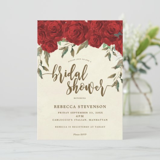 Rode Rozen Bloemen Bruids Douche Uitnodiging (Staand voorkant)