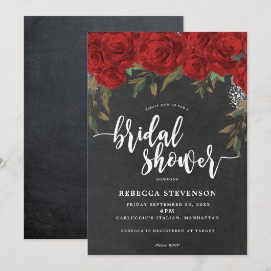 Rode Rozen Bloemen Bruids Douche Uitnodiging Krijt (Voorkant / Achterkant)