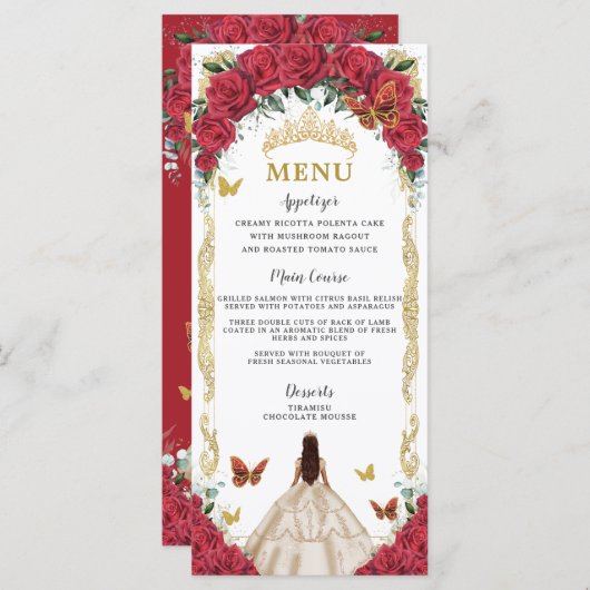 Rode Rozen Bloemen Champagne Jurk Quinceañera Menu (Voorkant / Achterkant)
