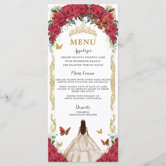 Rode Rozen Bloemen Champagne Jurk Quinceañera Menu (Voorkant)