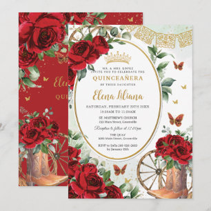 Rode Rozen Bloemen Charro Boots Quinceañera Sweet  Kaart