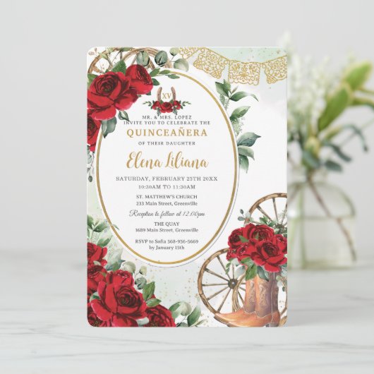Rode Rozen Bloemen Charro Boots Sweet 16 Quinceañe Kaart (Staand voorkant)