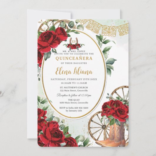 Rode Rozen Bloemen Charro Boots Sweet 16 Quinceañe Kaart (Voorkant)