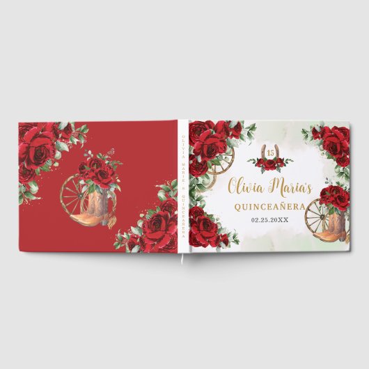 Rode Rozen Bloemen Charro Cowboy laarzen Quinceane Gastenboek (Volledig)