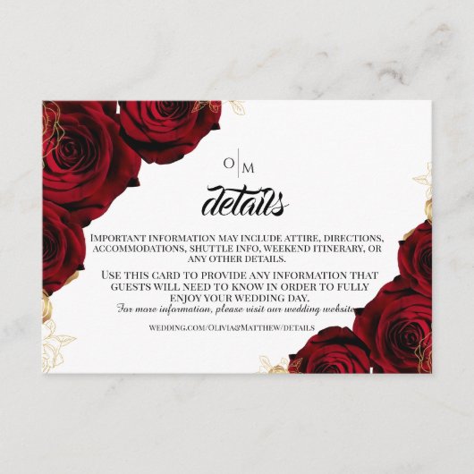 Rode Rozen Bloemen Details Huwelijk Informatiekaartje (Voorkant)