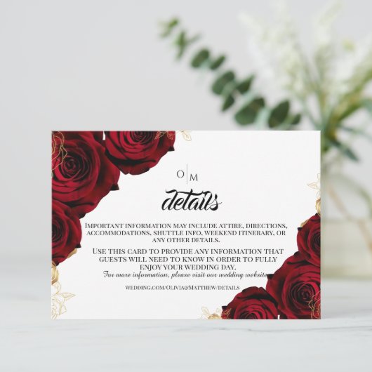 Rode Rozen Bloemen Details Huwelijk Informatiekaartje (Staand voorkant)
