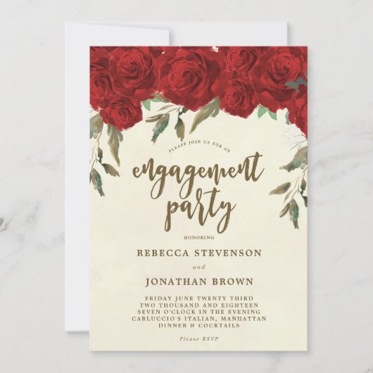 Rode Rozen Bloemen Engagement Party Uitnodiging (Voorkant)