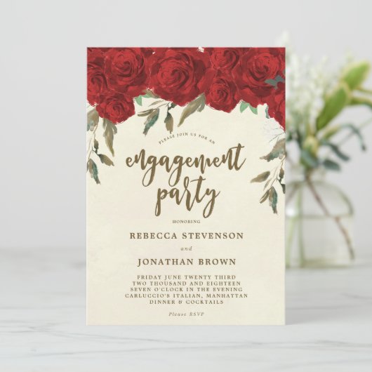 Rode Rozen Bloemen Engagement Party Uitnodiging (Staand voorkant)