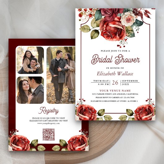 Rode Rozen Bloemen Foto QR Code Bruidsdouche Kaart