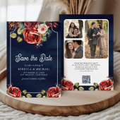 Rode Rozen Bloemen Foto QR Code Marine Blauw Huwel Save The Date