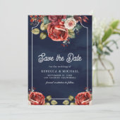 Rode Rozen Bloemen Foto QR Code Marine Blauw Huwel Save The Date (Staand voorkant)