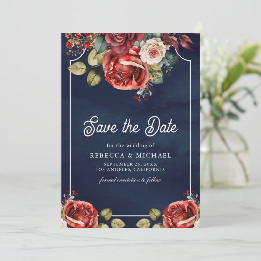 Rode Rozen Bloemen Foto QR Code Marine Blauw Huwel Save The Date (Staand voorkant)