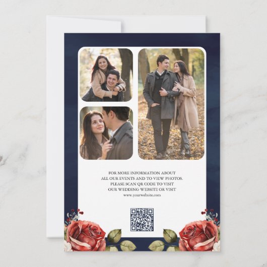 Rode Rozen Bloemen Foto QR Code Marine Blauw Huwel Save The Date (Achterkant)