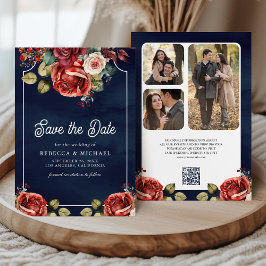 Rode Rozen Bloemen Foto QR Code Marineblauw Huweli Save The Date