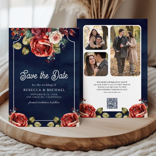 Rode Rozen Bloemen Foto QR Code Marineblauw Huweli Save The Date