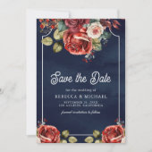 Rode Rozen Bloemen Foto QR Code Marineblauw Huweli Save The Date (Voorkant)