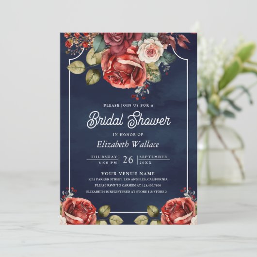 Rode Rozen Bloemen Foto QR Code Navy Vrijgezellenf Kaart (Staand voorkant)