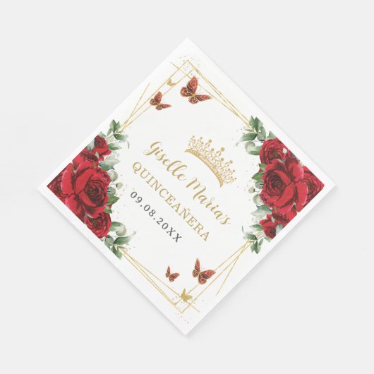 Rode Rozen Bloemen Gouden Vlinders Quinceañera Servet (Hoek)