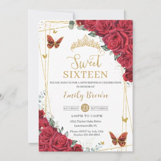 Rode Rozen Bloemen Gouden Vlinders Sweet Sixteen Kaart (Voorkant)