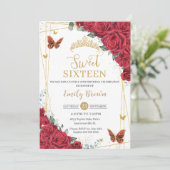 Rode Rozen Bloemen Gouden Vlinders Sweet Sixteen Kaart (Staand voorkant)