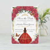 Rode rozen bloemen Gown gouden vlinder Quinceañera Save The Date (Staand voorkant)