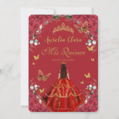Rode rozen bloemen Gown gouden vlinder Quinceañera Save The Date (Achterkant)