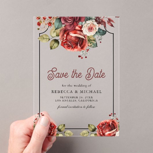 Rode Rozen Bloemen Huwelijk Save the Date Acryl Uitnodigingen (Insitu (Draagbaar))