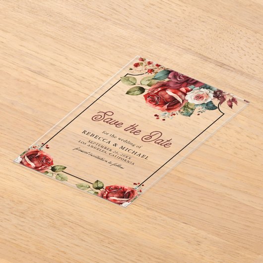 Rode Rozen Bloemen Huwelijk Save the Date Acryl Uitnodigingen (Laagn)