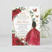 Rode Rozen Bloemen Jurk Goud Quinceañera Sweet 16 Kaart (Staand voorkant)