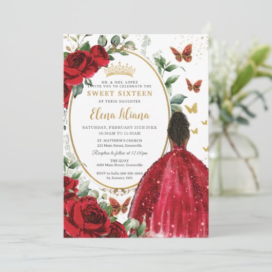 Rode Rozen Bloemen Jurk Goud Quinceañera Sweet 16 Kaart (Staand voorkant)