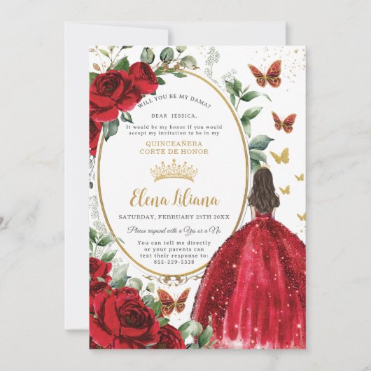 Rode Rozen Bloemen Jurk Quinceañera Dama Aanvraag Kaart (Voorkant)