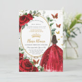 Rode Rozen Bloemen Jurk Quinceañera Dama Aanvraag Kaart (Staand voorkant)