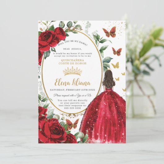 Rode Rozen Bloemen Jurk Quinceañera Dama Aanvraag Kaart (Staand voorkant)
