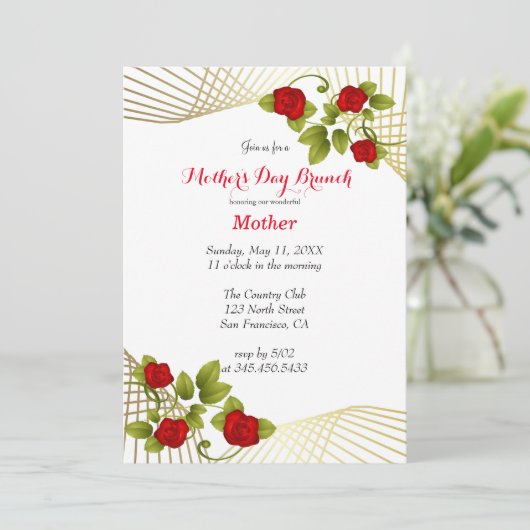 Rode rozen bloemen met gouden accent sjabloon kaart (Staand voorkant)