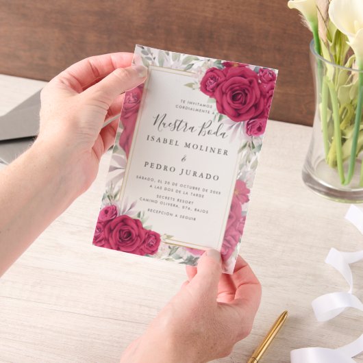 Rode Rozen Bloemen Nuestra Boda Spaanse bruiloft Vellum Uitnodigingen (Draagbaar)