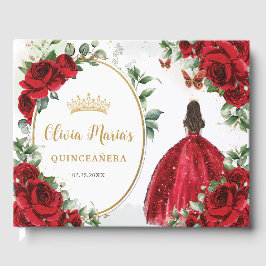 Rode Rozen Bloemen Prinses Jurk Goud Quinceanera Gastenboek