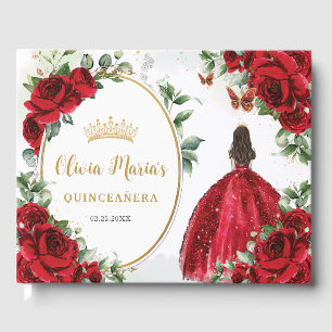 Rode Rozen Bloemen Prinses Jurk Goud Quinceanera Gastenboek
