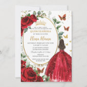 Rode Rozen Bloemen Prinses Jurk Goud Quinceañera Kaart (Voorkant)
