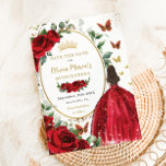 Rode Rozen Bloemen Prinses Jurk Goud Quinceañera Save The Date<br><div class="desc">Personaliseer deze rode bloemenquinceañera / Sweet 16 birthday en bewaar de datum gemakkelijk en snel. Klik op de knop verder aanpassen om de teksten te bewerken, lettertypen en lettertypekleuren te wijzigen. Met een meisje gekleed in een prachtige glitterige rode baljurk, levendige rode rozen, vlinders en een gouden afgesneden ovale ruimte...</div>