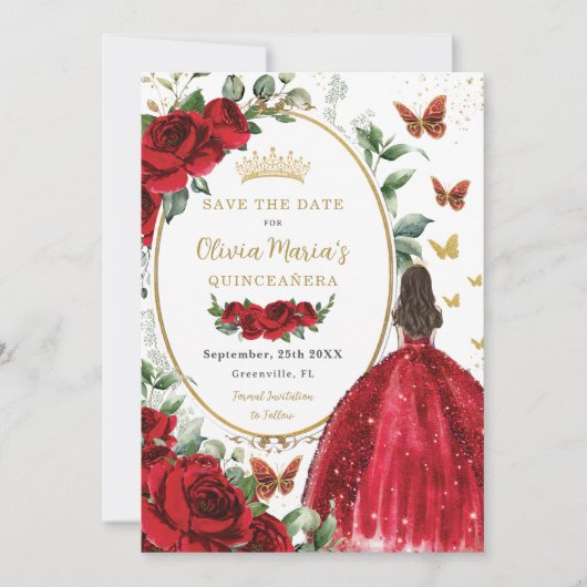 Rode Rozen Bloemen Prinses Jurk Goud Quinceañera Save The Date (Voorkant)