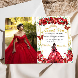Rode Rozen Bloemen Prinses Quinceañera Foto Bedankkaart