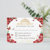 Rode Rozen Bloemen Quinceañera Vlinders RSVP Kaart (Staand voorkant)