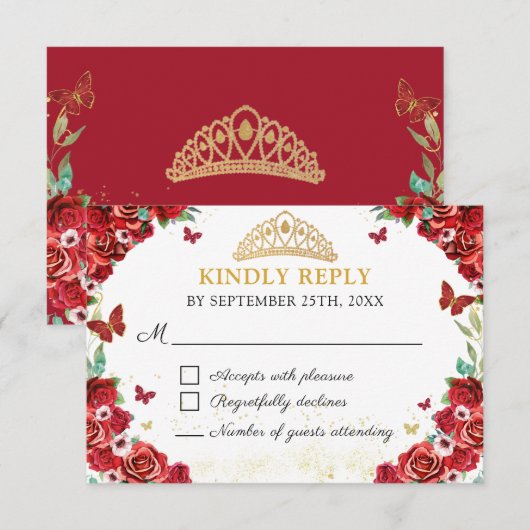 Rode Rozen Bloemen Quinceañera Vlinders RSVP Kaart (Voorkant / Achterkant)