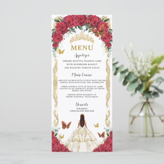 Rode Rozen Bloemen Quinceañera Witte Jurk Menu (Staand voorkant)
