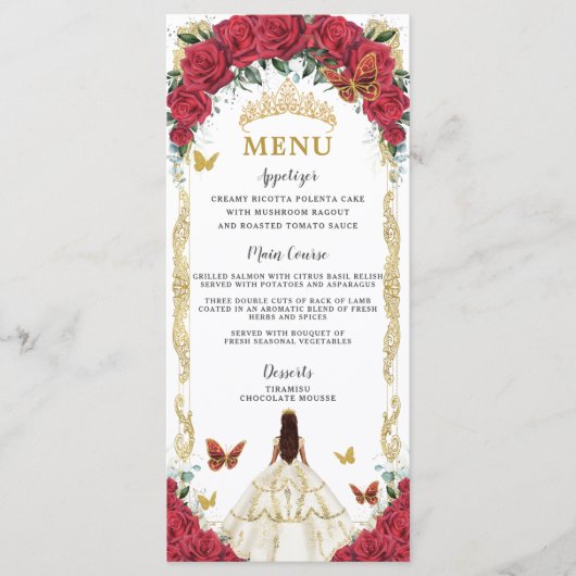 Rode Rozen Bloemen Quinceañera Witte Jurk Menu (Voorkant)