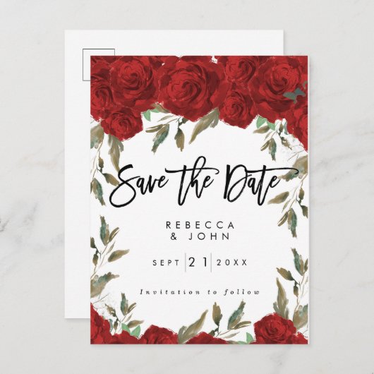 Rode Rozen Bloemen Trouwen Bewaar de datumkaart Aankondigingskaart (Voorkant / Achterkant)