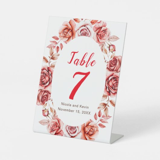 Rode Rozen Bloemen Trouwtafel Nummer Reclamebord Met Voetstuk (Voorkant)