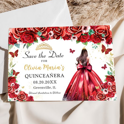 Rode Rozen Bloemen Vlinders Prinses Quinceañera Save The Date