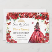 Rode Rozen Bloemen Vlinders Prinses Quinceañera Save The Date (Voorkant)