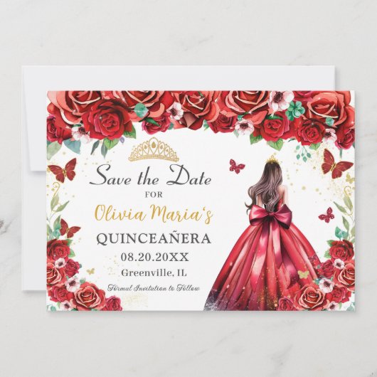 Rode Rozen Bloemen Vlinders Prinses Quinceañera Save The Date (Voorkant)